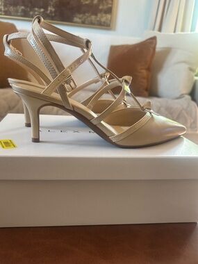 Alex Marie Beige Strappy Pointed-Toe Kitten Heels